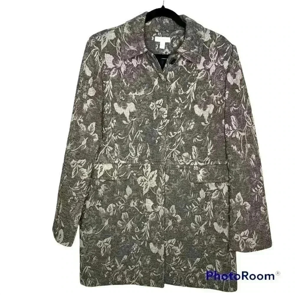 Charter Club Pewter Long Jacket with Silver Brocade Accents Size L